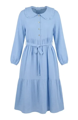 Kleid Aus Musselinstoff Mit Rüschenkragen Und Gürtel 0253-05 Blau 0253-05