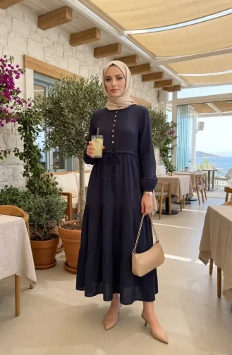 Gelaagde Mousseline Hijabjurk Met Knoopsluiting 2249-04 Marineblauw 2249-04