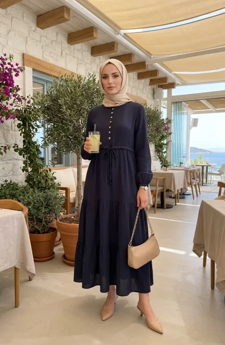Gelaagde Mousseline Hijabjurk Met Knoopsluiting 2249-04 Marineblauw 2249-04