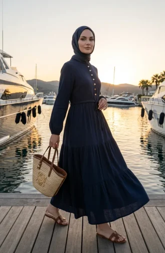 Gelaagde Mousseline Hijabjurk Met Knoopsluiting 2249-04 Marineblauw 2249-04