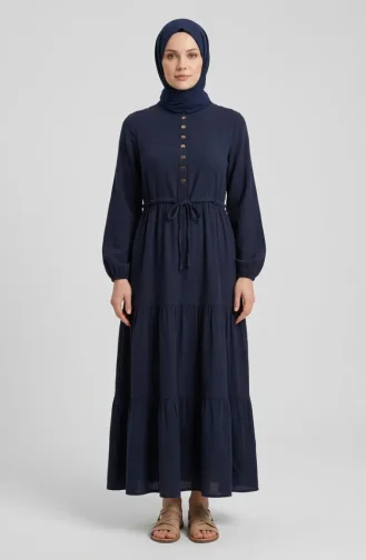 Gelaagde Mousseline Hijabjurk Met Knoopsluiting 2249-04 Marineblauw 2249-04