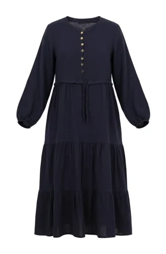 Gelaagde Mousseline Hijabjurk Met Knoopsluiting 2249-04 Marineblauw 2249-04