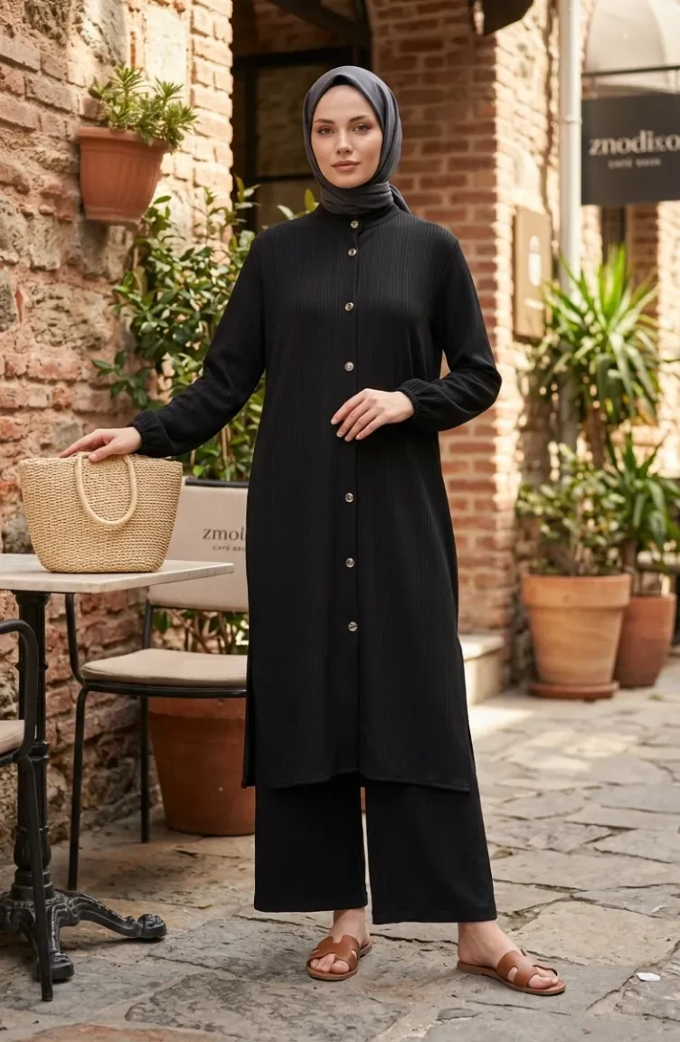 Fitilli Düğmeli Tunik Pantolon ikili Takım 2250-01 Siyah