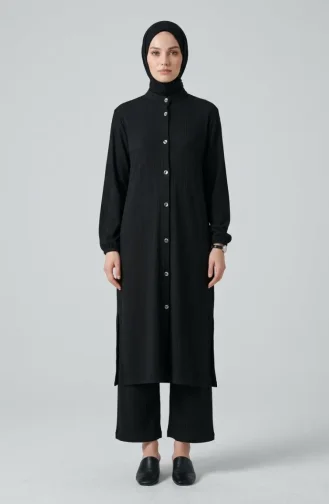 Fitilli Düğmeli Tunik Pantolon ikili Takım 2250-01 Siyah