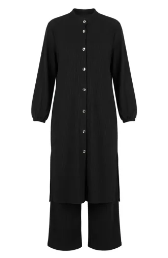 Fitilli Düğmeli Tunik Pantolon ikili Takım 2250-01 Siyah