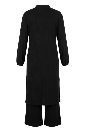 Fitilli Düğmeli Tunik Pantolon ikili Takım 2250-01 Siyah