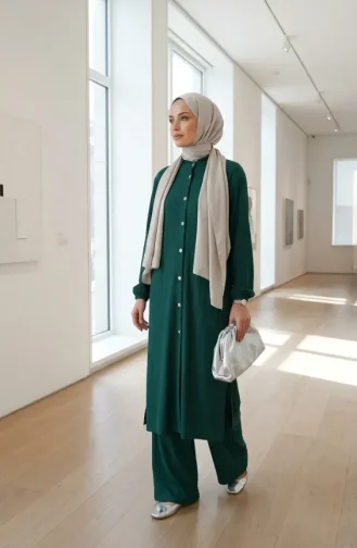 Fitilli Düğmeli Tunik Pantolon ikili Takım 2250-02 Zümrüt Yeşili