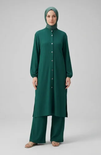 Fitilli Düğmeli Tunik Pantolon ikili Takım 2250-02 Zümrüt Yeşili
