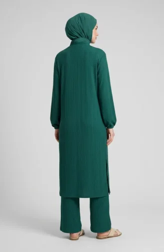 Fitilli Düğmeli Tunik Pantolon ikili Takım 2250-02 Zümrüt Yeşili