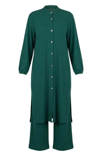Fitilli Düğmeli Tunik Pantolon ikili Takım 2250-02 Zümrüt Yeşili