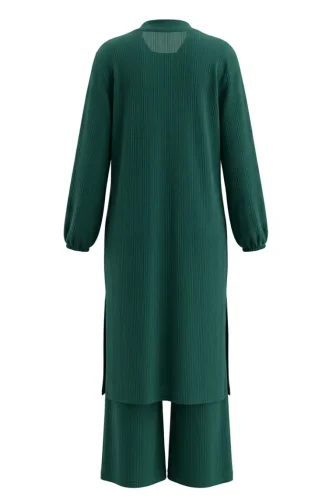 Fitilli Düğmeli Tunik Pantolon ikili Takım 2250-02 Zümrüt Yeşili