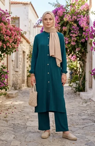 Ribbed Buttoned Tunic And Trousers Two-Piece Set 2250-03 Petrol 2250-03