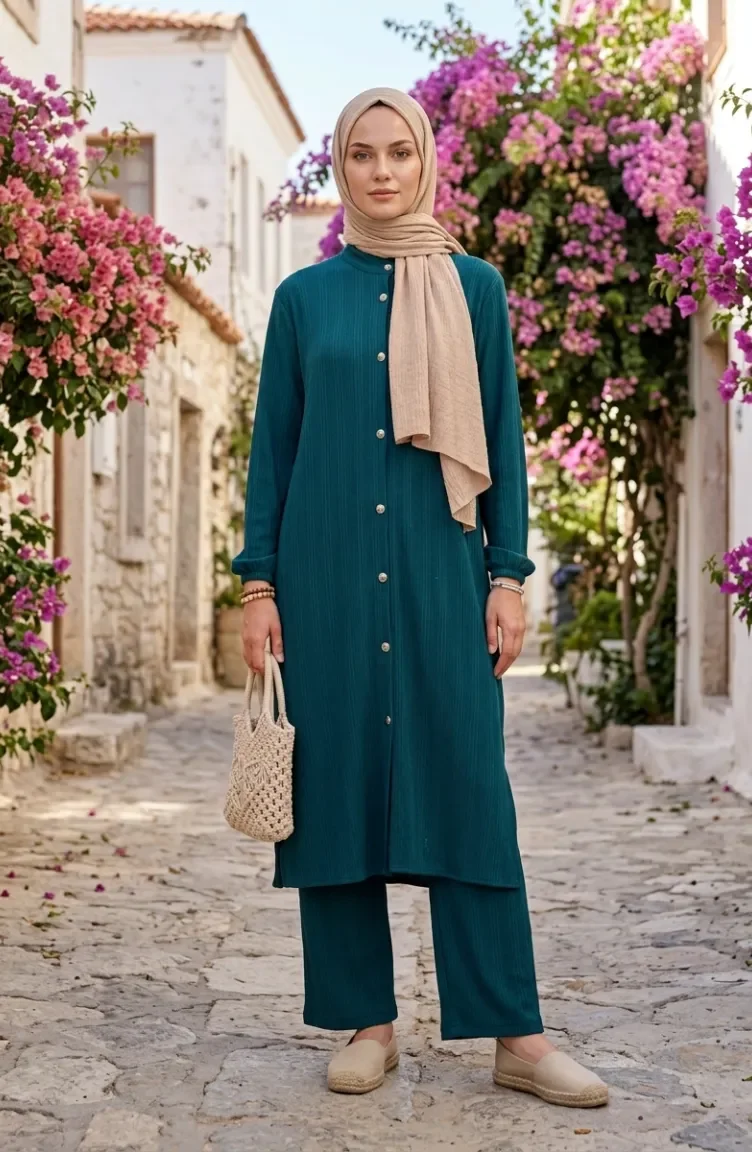 Ribbed Buttoned Tunic And Trousers Two-Piece Set 2250-03 Petrol 2250-03