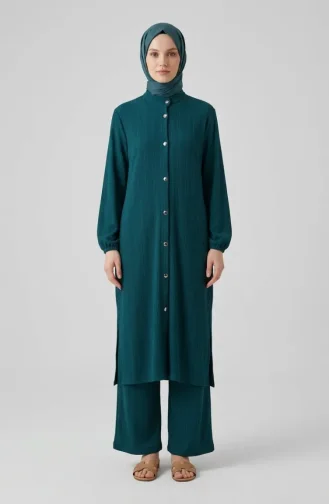 Ribbed Buttoned Tunic And Trousers Two-Piece Set 2250-03 Petrol 2250-03