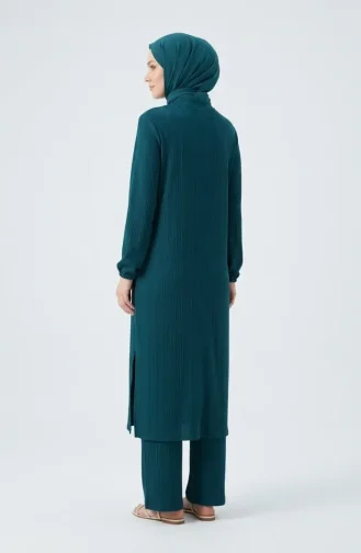 Ribbed Buttoned Tunic And Trousers Two-Piece Set 2250-03 Petrol 2250-03