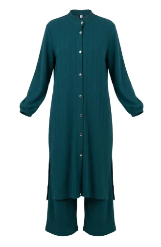 Ribbed Buttoned Tunic And Trousers Two-Piece Set 2250-03 Petrol 2250-03