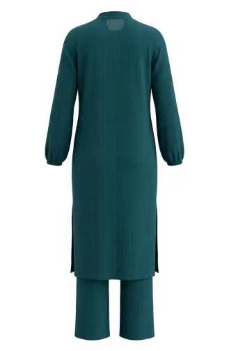 Ribbed Buttoned Tunic And Trousers Two-Piece Set 2250-03 Petrol 2250-03