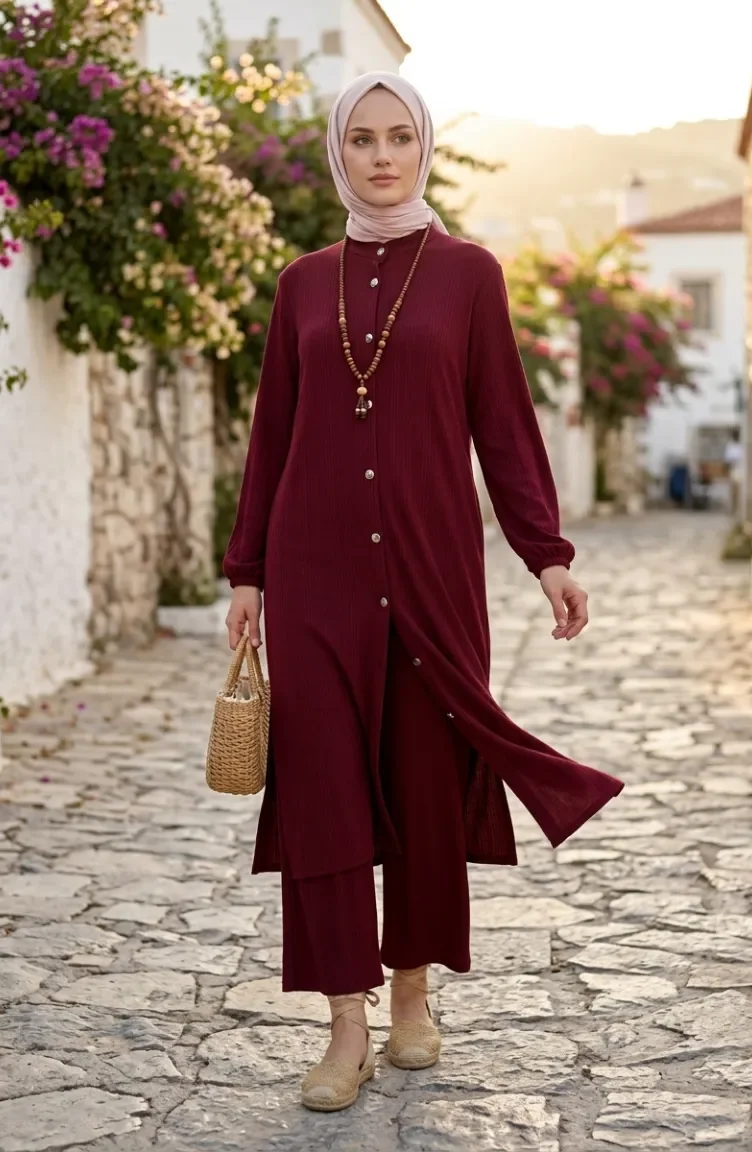 Ensemble Deux Pièces Tunique Et Pantalon Côtelés à Boutons Référence 2250-04 Bordeaux 2250-04