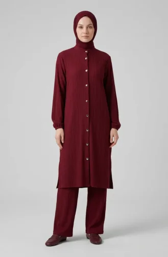 Ensemble Deux Pièces Tunique Et Pantalon Côtelés à Boutons Référence 2250-04 Bordeaux 2250-04