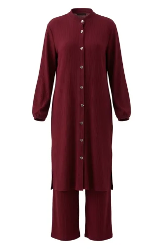 Ensemble Deux Pièces Tunique Et Pantalon Côtelés à Boutons Référence 2250-04 Bordeaux 2250-04