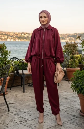 Fermuarlı Krinkıl Saten ikili Takım 71329-02 Bordo