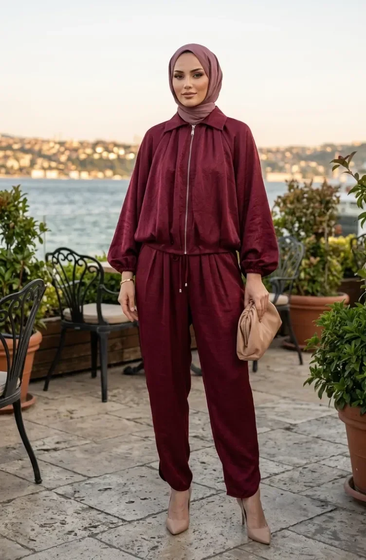 Fermuarlı Krinkıl Saten ikili Takım 71329-02 Bordo