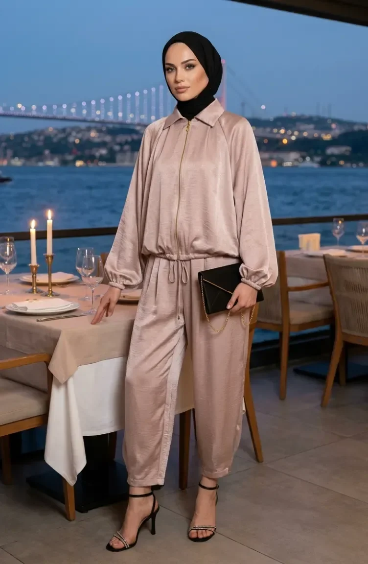 Fermuarlı Krinkıl Saten ikili Takım 71329-03 Bej