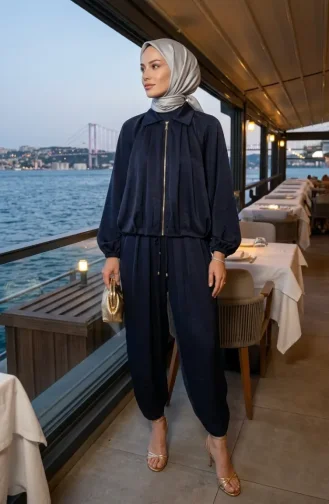 Fermuarlı Krinkıl Saten ikili Takım 71329-04 Lacivert