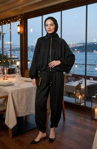 Fermuarlı Krinkıl Saten ikili Takım 71329-05 Siyah