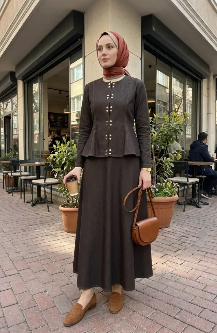 Denim Look Jacket And Skirt Set 71482-02 Brown 71482-02