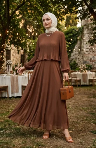 Plus Size Pleated Evening Dress 0170-11 Milky Coffee 0170-11