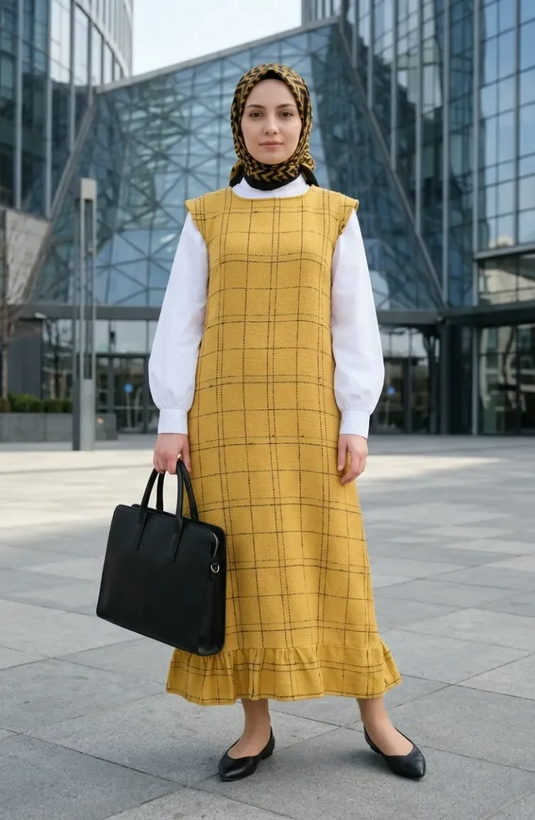 Checked Textured Sleeveless Dress 2514-02 Mustard 2514-02