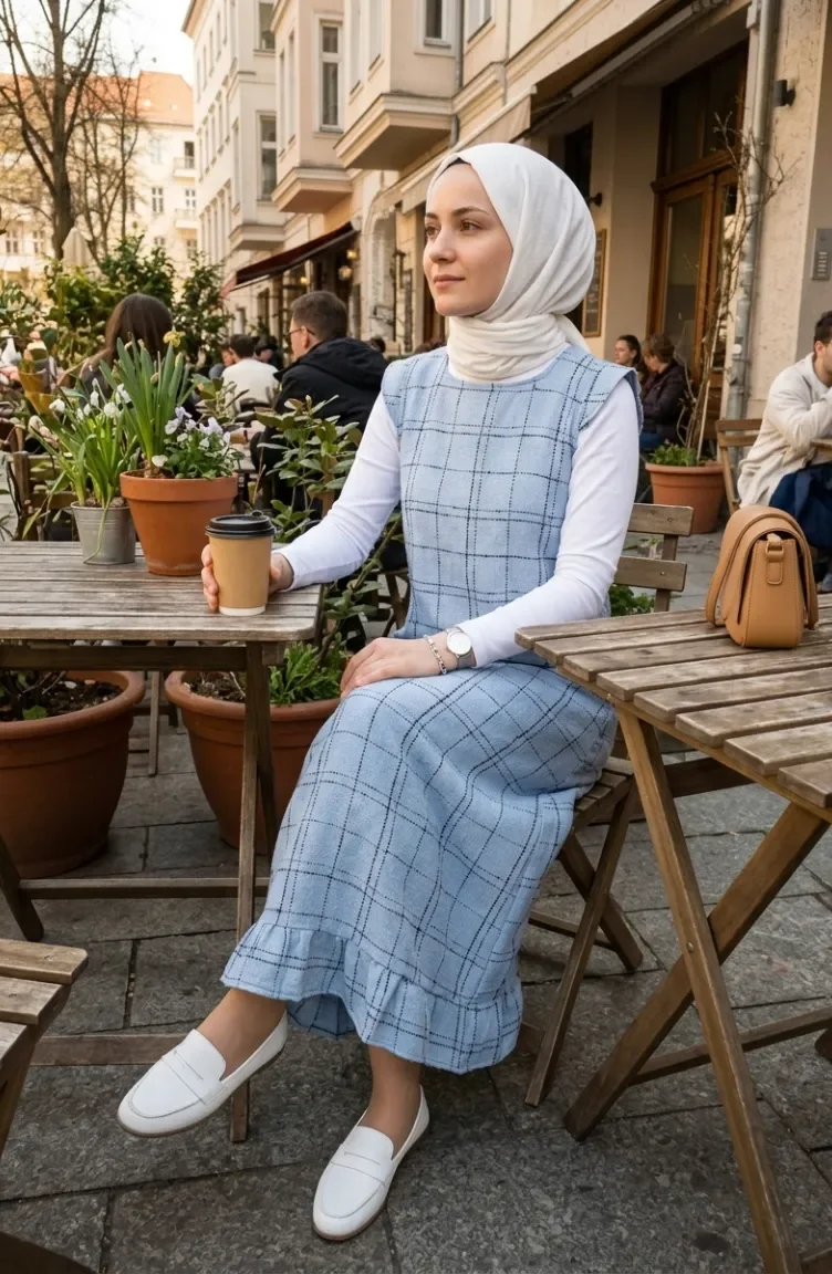 Checked Textured Sleeveless Dress 2514-03 Ice Blue 2514-03