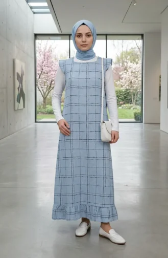 Checked Textured Sleeveless Dress 2514-03 Ice Blue 2514-03