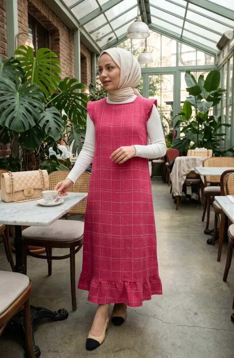 Robe Sans Manches à Carreaux Texturés 2514-04 Rose 2514-04