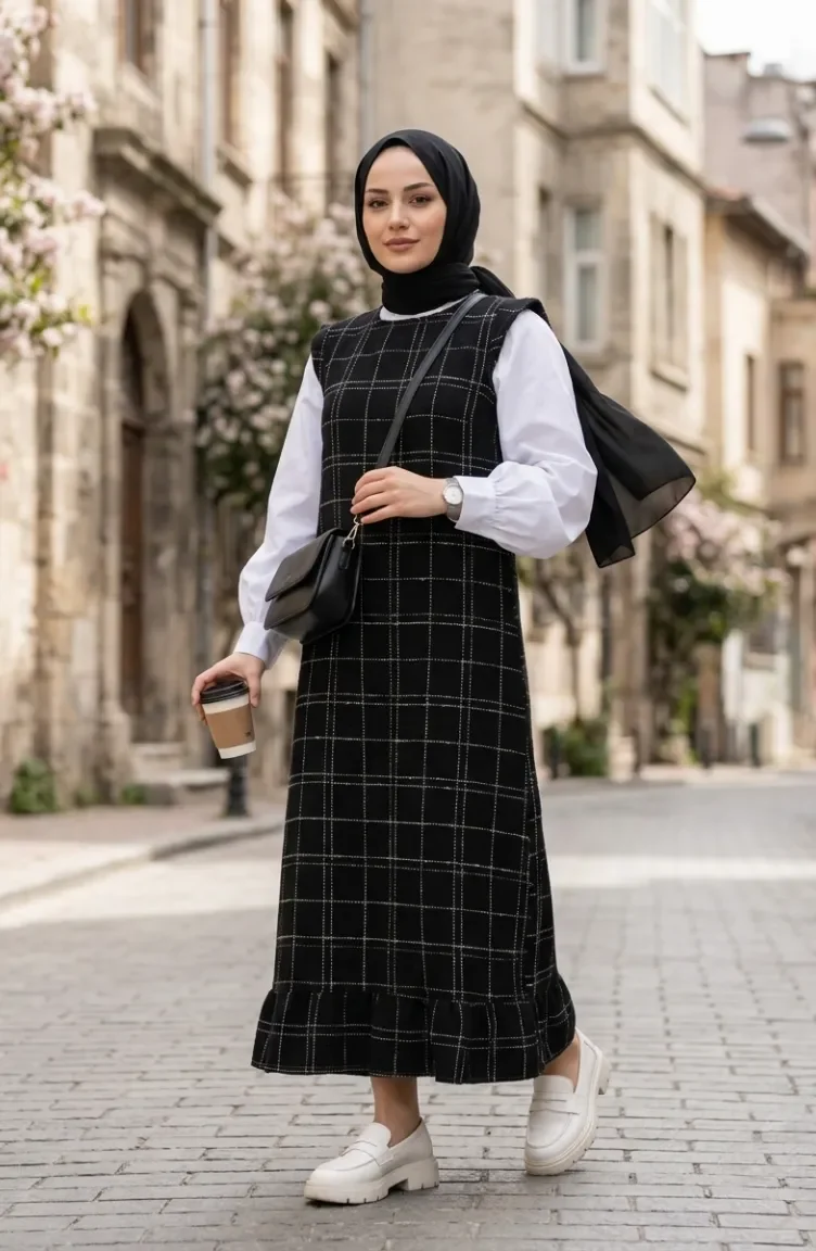Robe Sans Manches à Carreaux Texturés 2514-06 Noir 2514-06