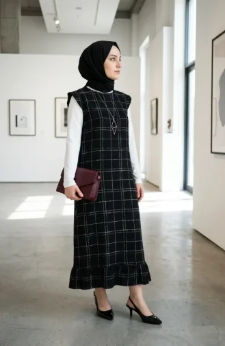 Robe Sans Manches à Carreaux Texturés 2514-06 Noir 2514-06