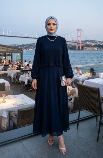 Plus Size Pleated Evening Dress 0170-06 Navy Blue 0170-06