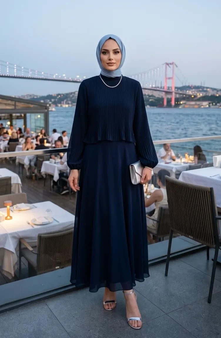 Plus Size Pleated Evening Dress 0170-06 Navy Blue 0170-06