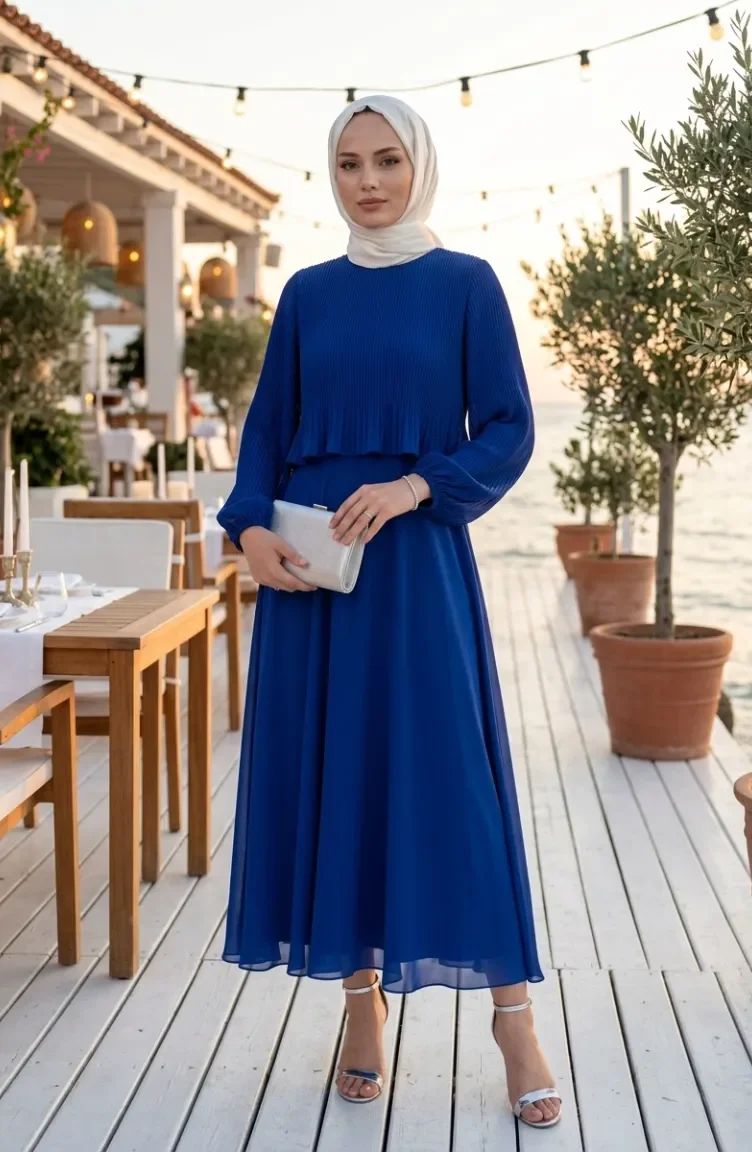 Robe De Soirée Plissée Grande Taille 0170-07 Bleu Marine 0170-07