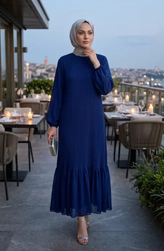 Robe Longue Plissée à Jupe à Volants 0171-10 Bleu Marine 0171-10
