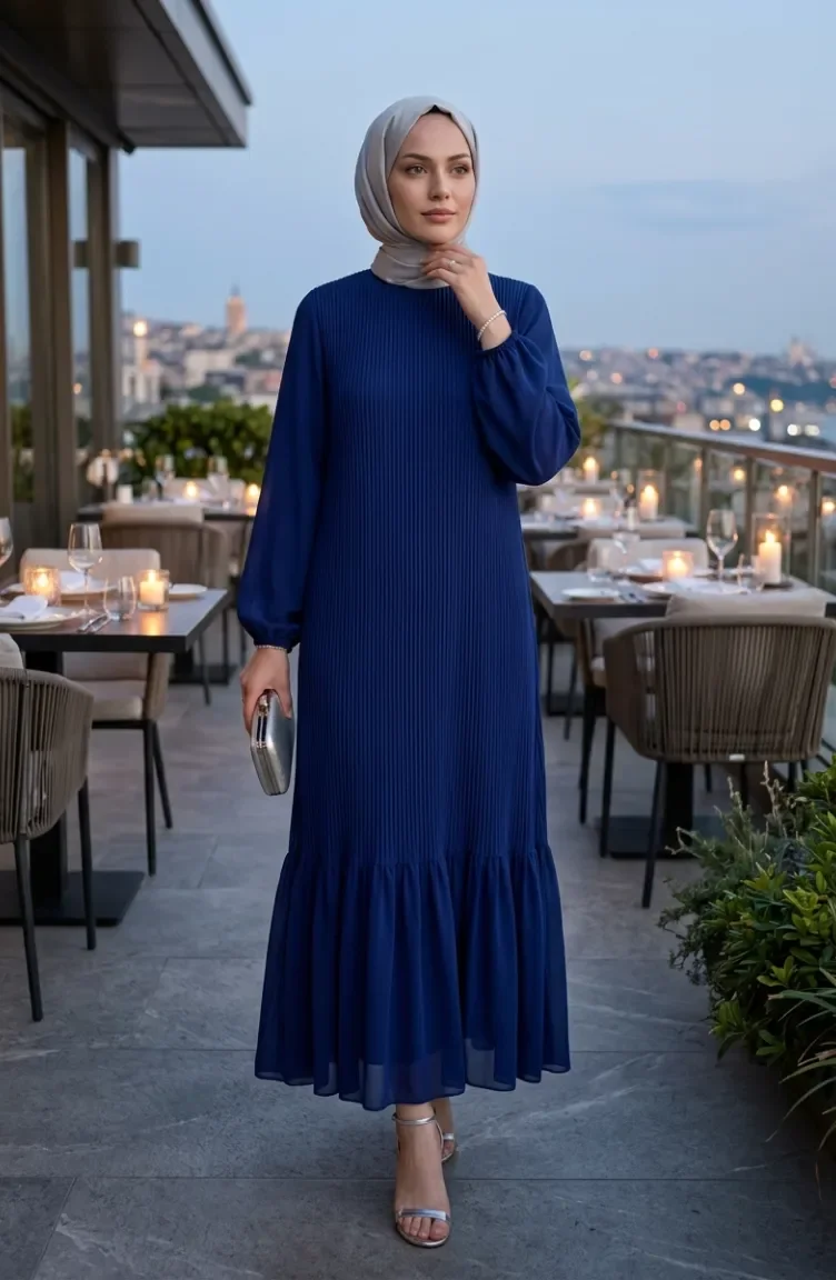 Robe Longue Plissée à Jupe à Volants 0171-10 Bleu Marine 0171-10