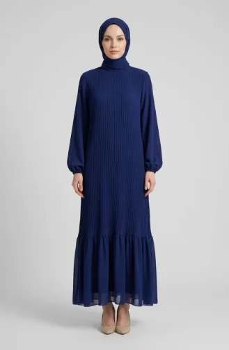 Robe Longue Plissée à Jupe à Volants 0171-10 Bleu Marine 0171-10