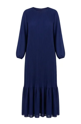 Robe Longue Plissée à Jupe à Volants 0171-10 Bleu Marine 0171-10