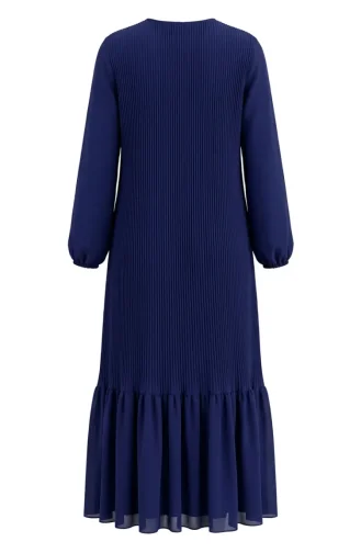 Robe Longue Plissée à Jupe à Volants 0171-10 Bleu Marine 0171-10