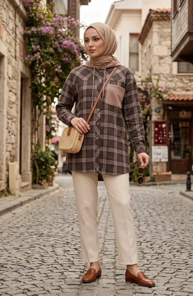 Tunique à Capuche à Carreaux Beige 71367-01 71367-01