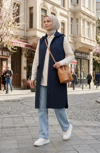 Kapüşonlu Düğmeli Kapitone Yelek 71308-02 Lacivert