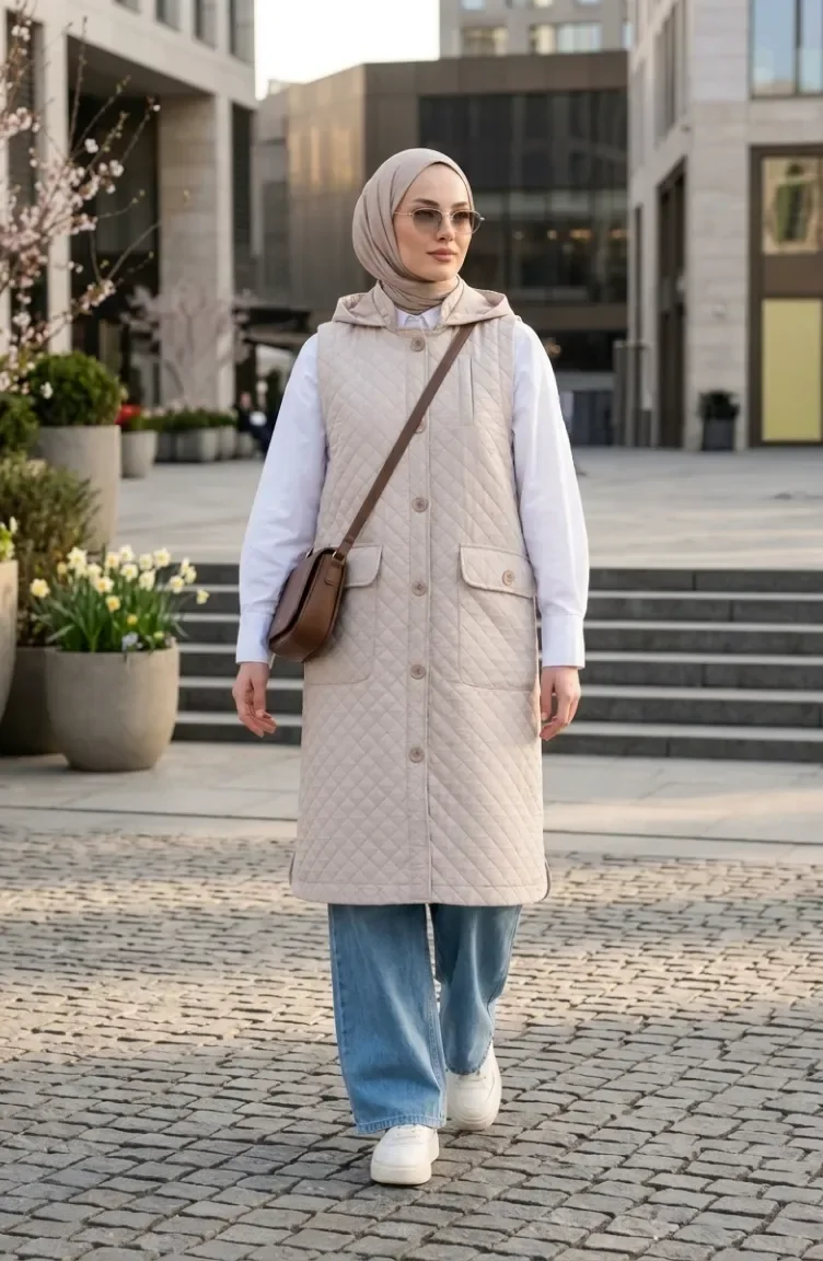 Gilet Matelassé à Capuche Boutonnée 71308-03 Beige 71308-03