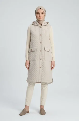 Gilet Matelassé à Capuche Boutonnée 71308-03 Beige 71308-03