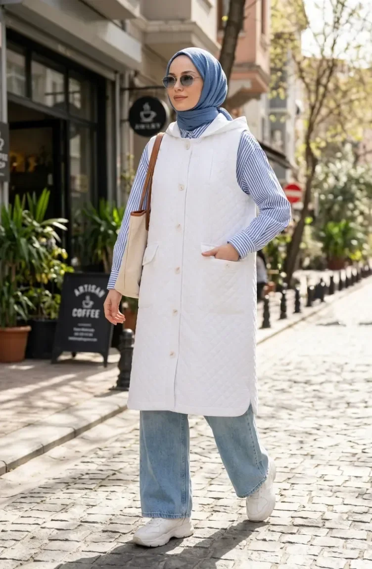 Kapüşonlu Düğmeli Kapitone Yelek 71308-04 Krem